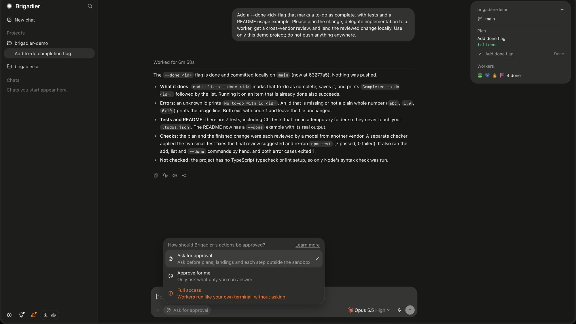 Brigadier composer permission picker: “Ask for approval” selected, with “Approve for me” and “Full access” also available