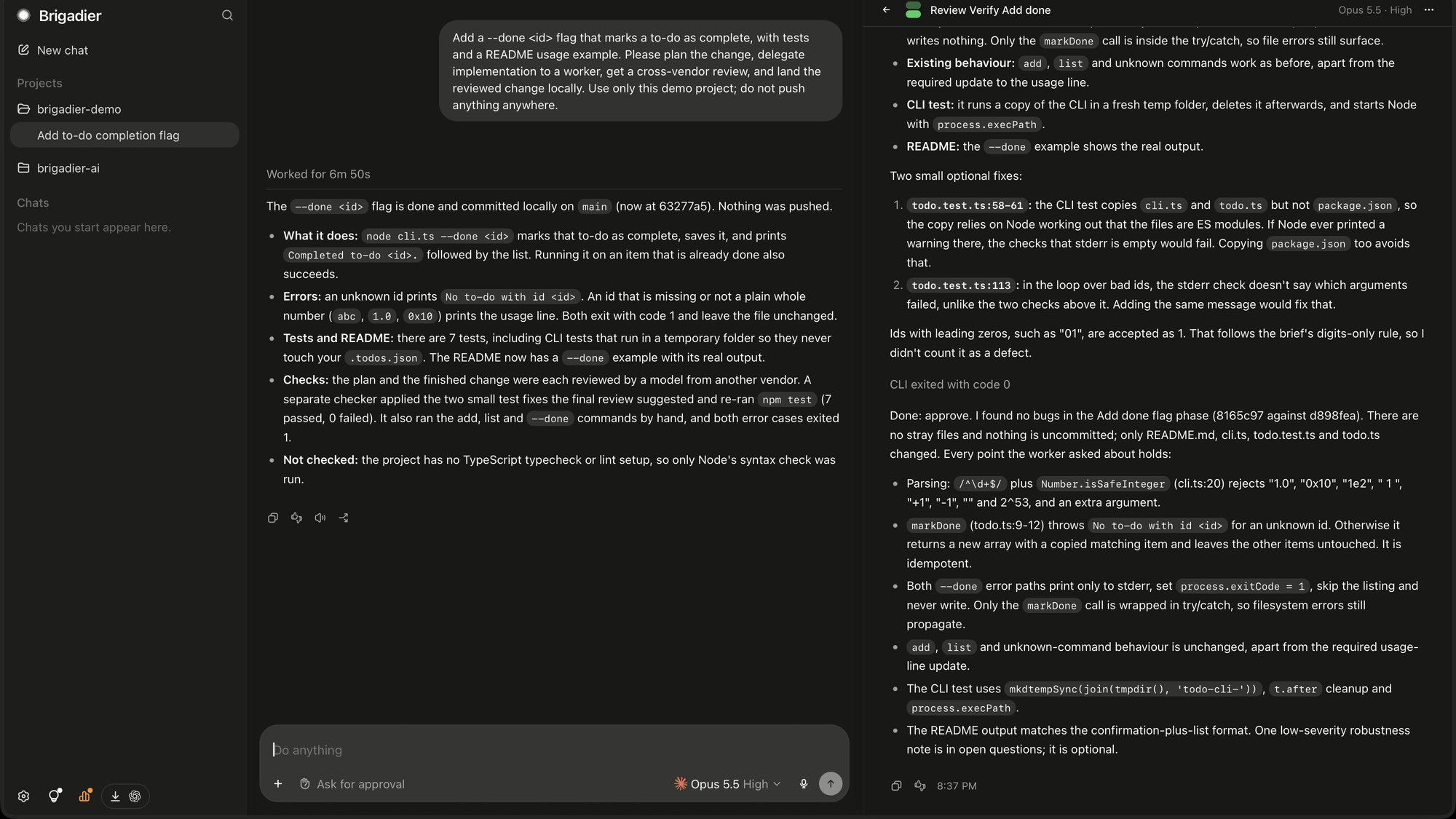 Brigadier reviewer report in the Workers panel: approval, no bugs found and the checks run on the to-do completion flag
