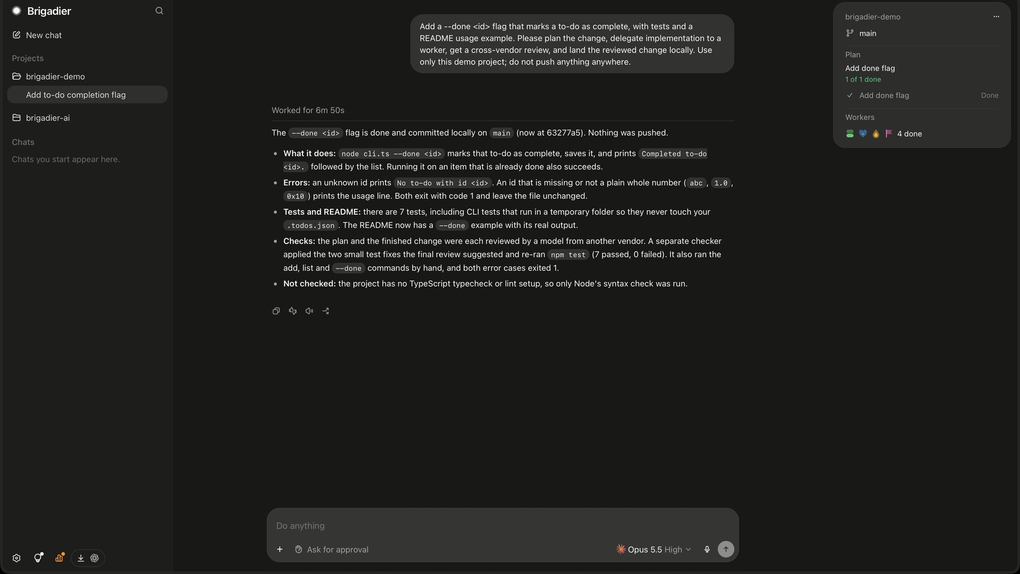 Brigadier session for “Add to-do completion flag”: a local commit with nothing pushed, seven passing tests and cross-vendor review; the plan shows one of one done and four workers done