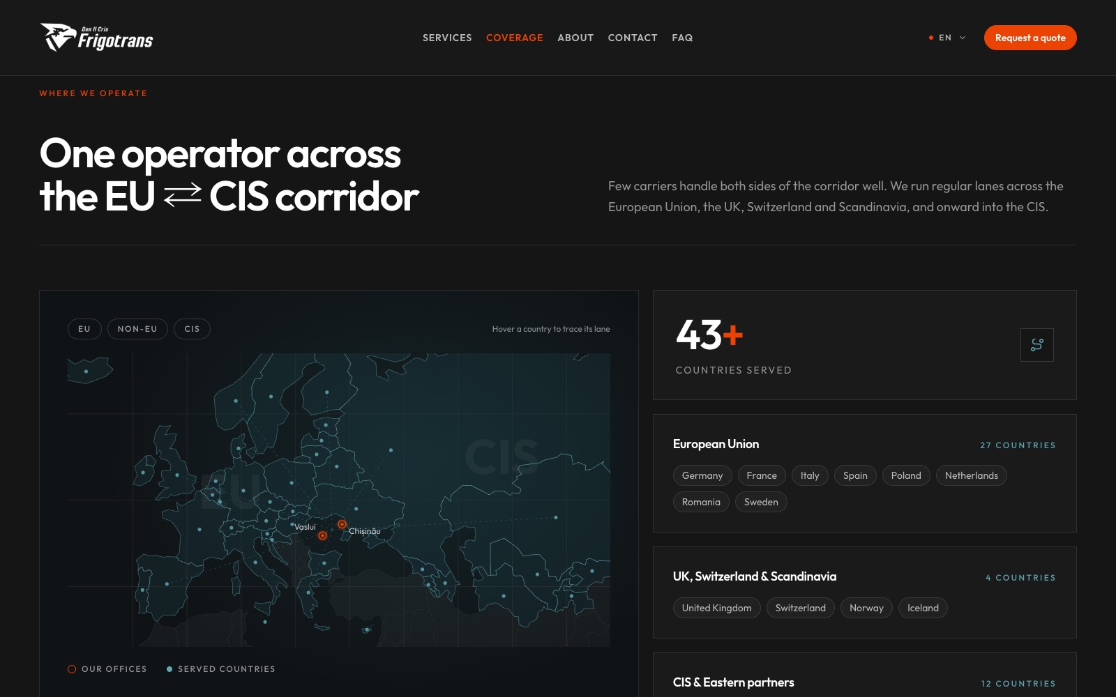 Coverage section of the Den Il Cris Frigotrans website: an interactive map of EU and CIS routes with the Chișinău and Vaslui offices marked