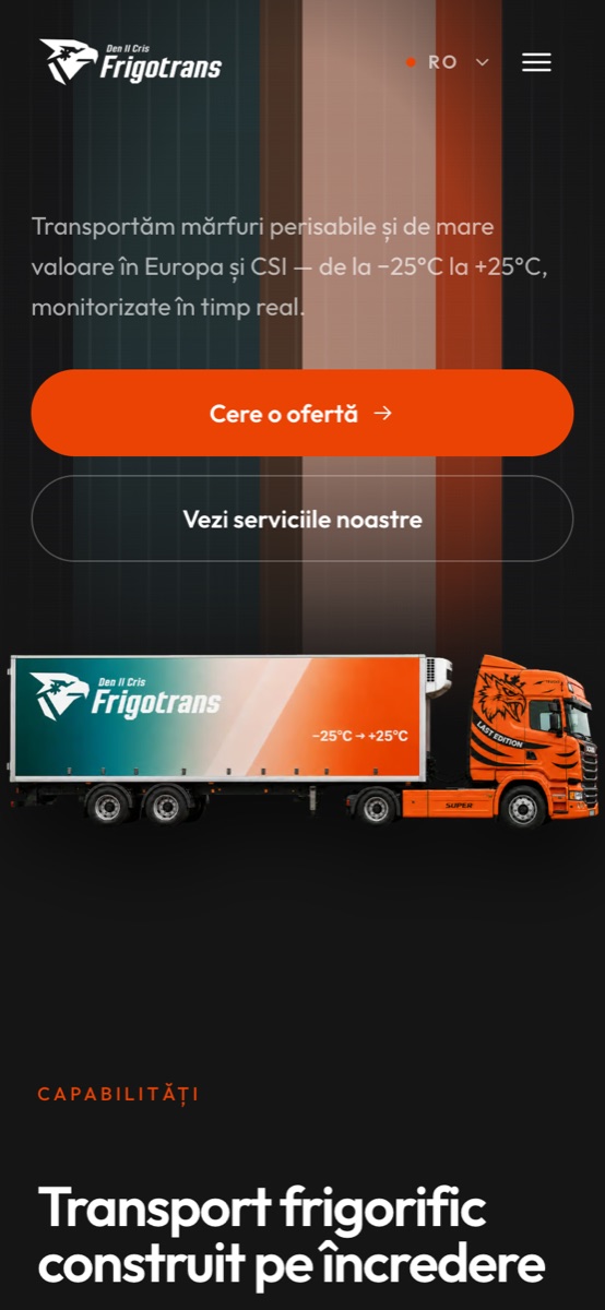 The Romanian version of the Den Il Cris Frigotrans website on a phone
