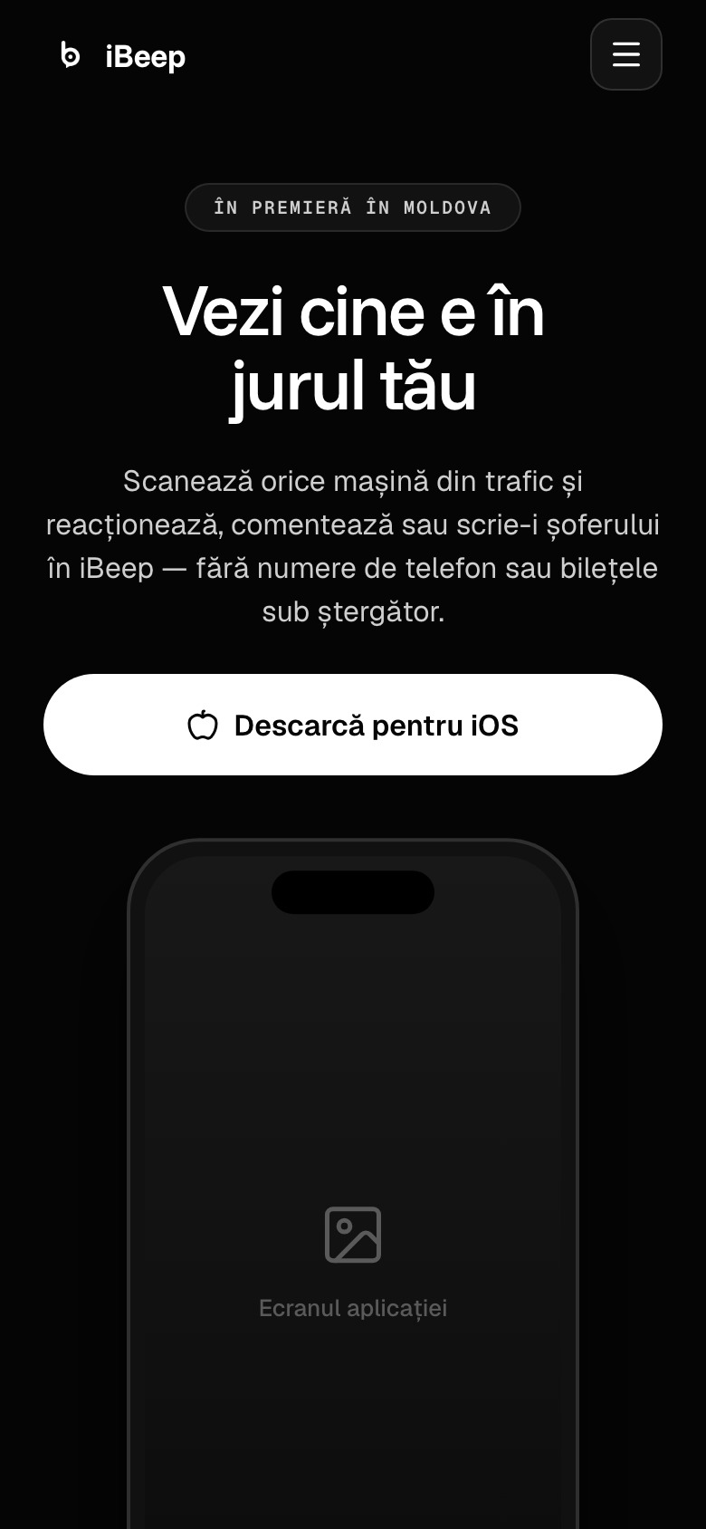 Pagina principală iBeep în română, pe telefon, cu titlul și spațiile rezervate pentru ecranele aplicației.