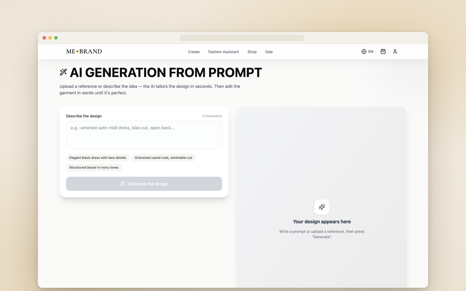 mebrand's AI design generator: a prompt box with example ideas beside an empty preview panel