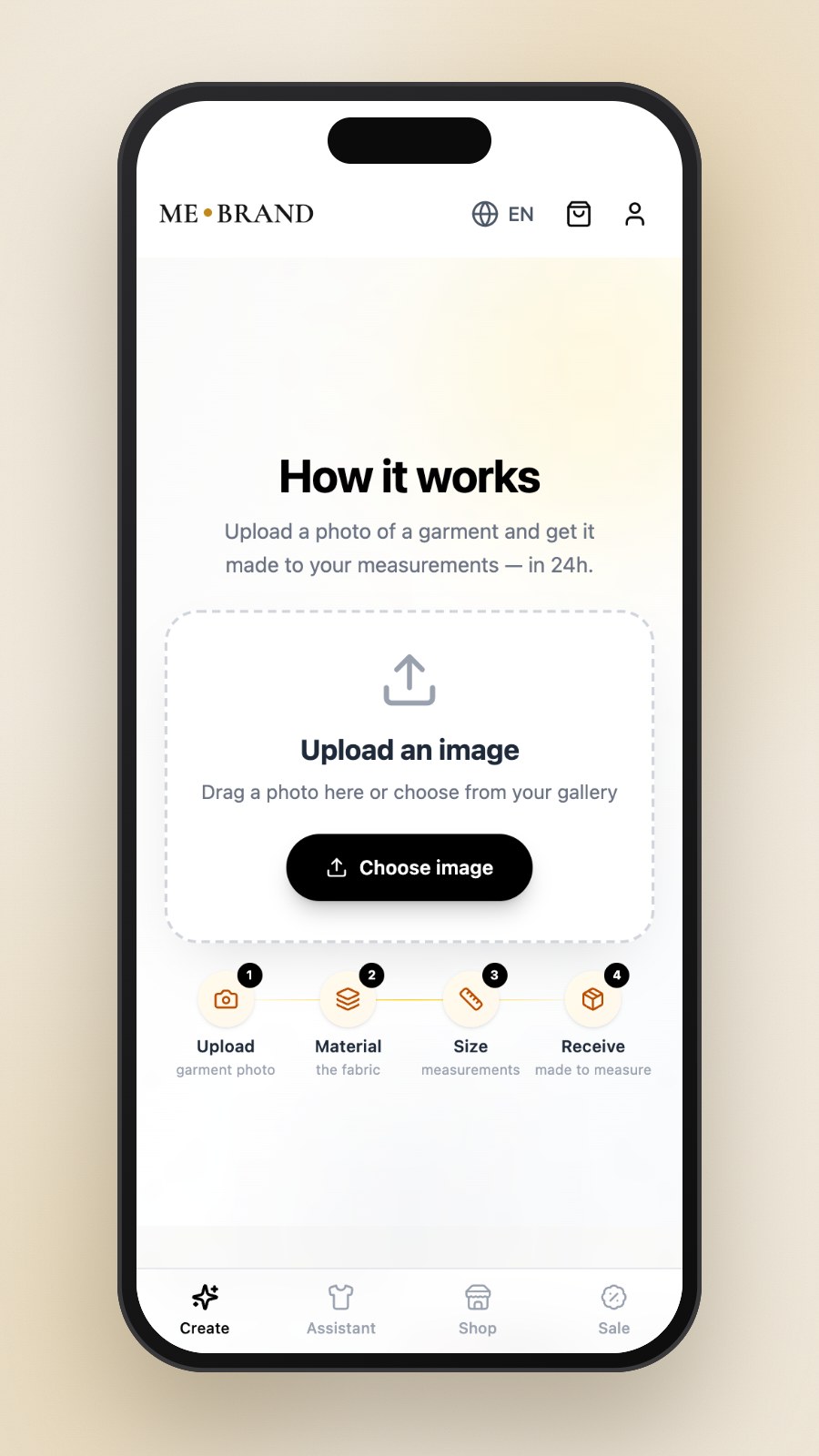 mebrand on a phone: the How it works page with an image upload area and the four ordering steps