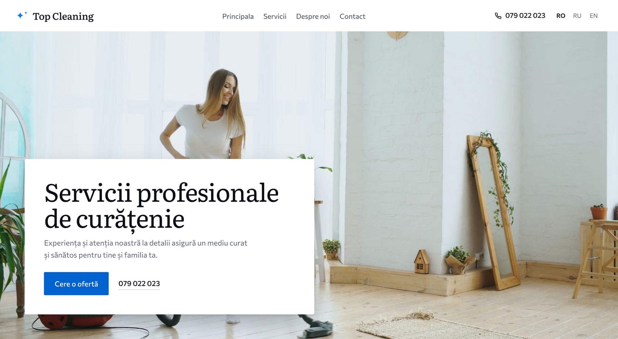Top Cleaning homepage in Romanian: the headline “Professional cleaning services” over a bright living room, with a request-a-quote button