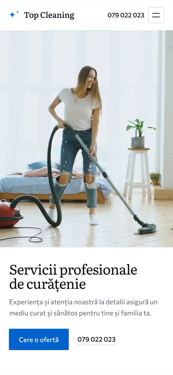 Versiunea în română a paginii principale Top Cleaning, pe telefon