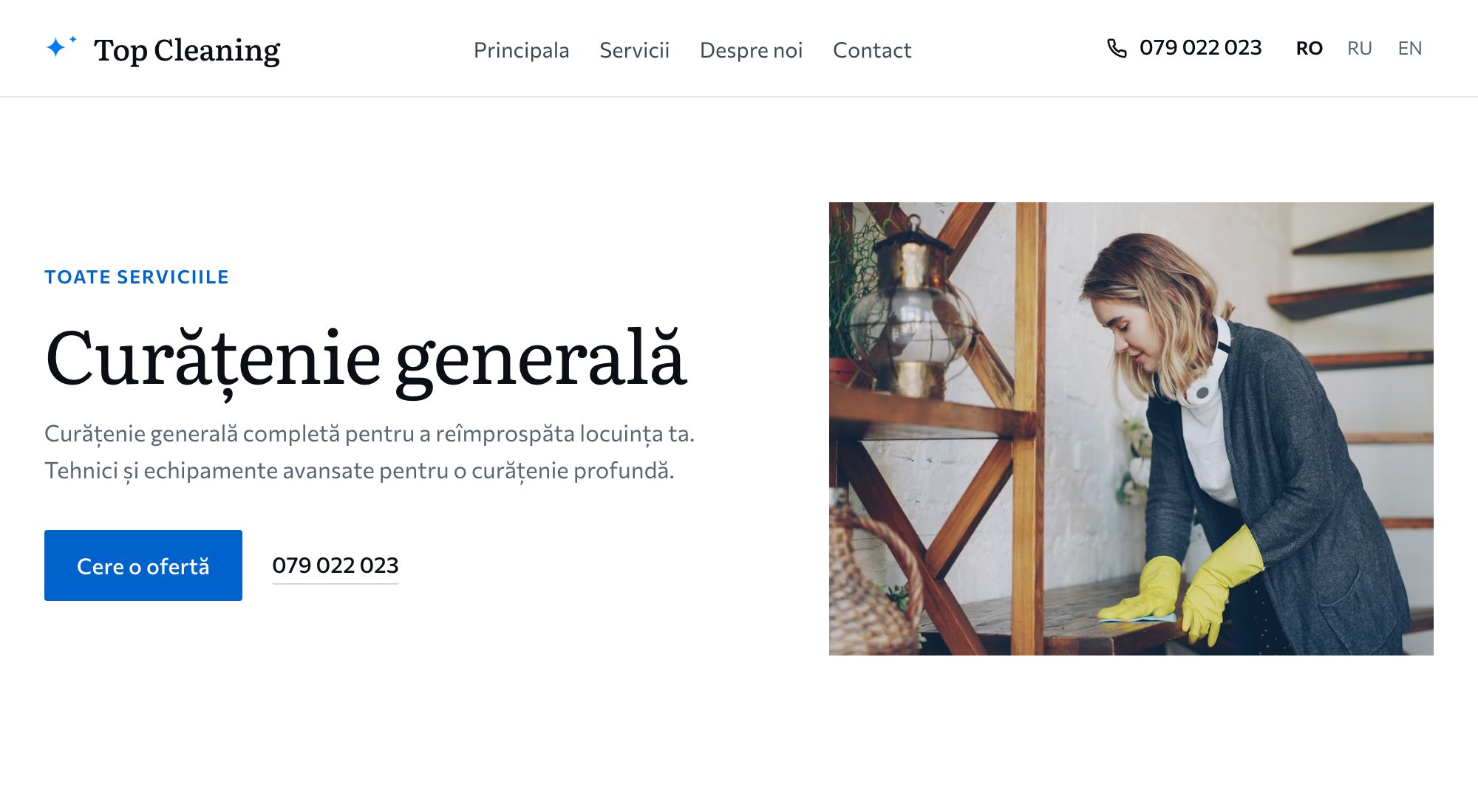 Pagina serviciului de curățenie generală de pe site-ul Top Cleaning, în română, cu butonul de cerere a ofertei și numărul de telefon